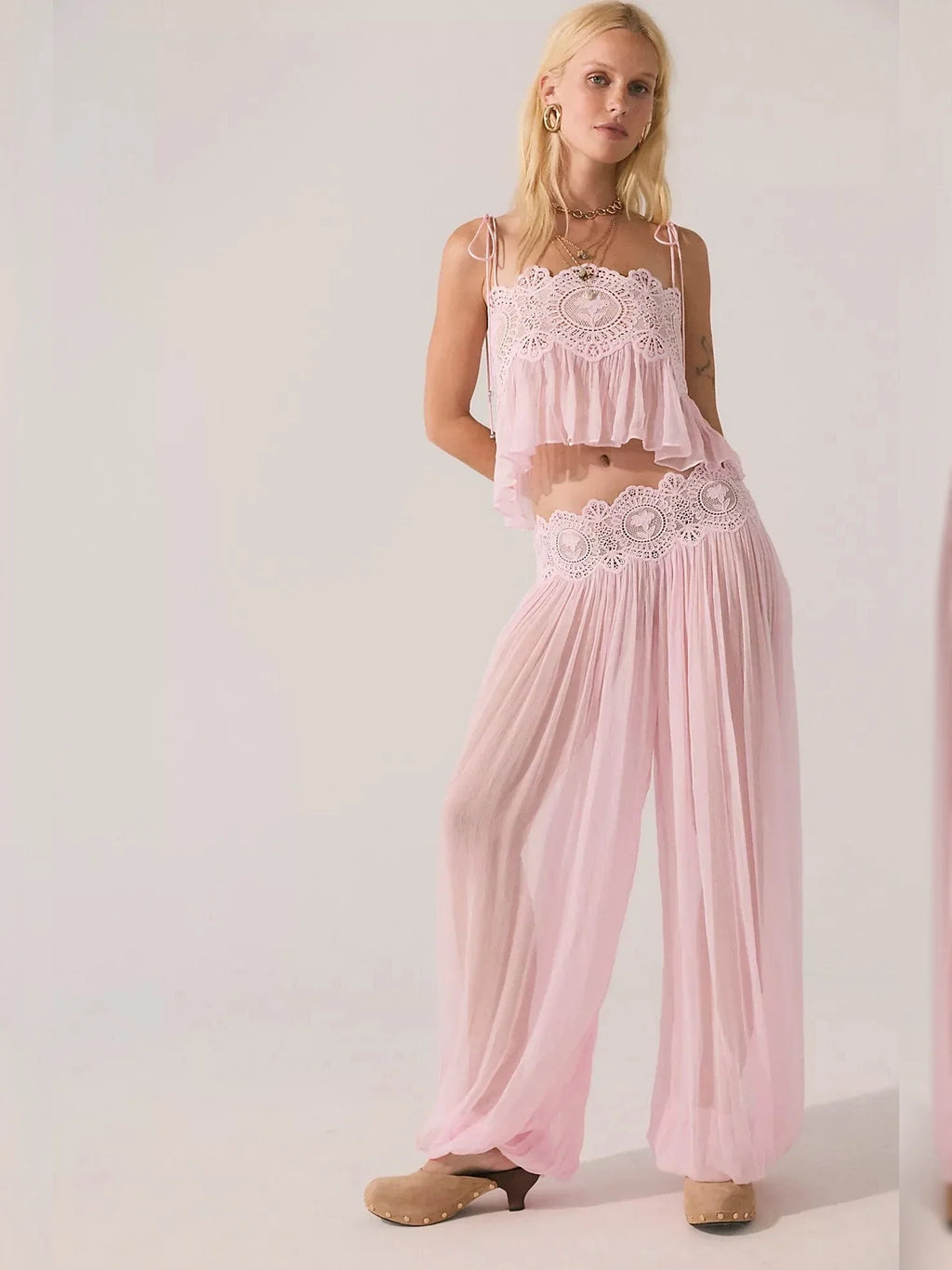 Floral Guipure Lace High Waist Balloon Pants