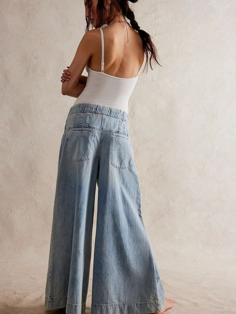 Pleated Waist Wide-Leg Tied Jeans