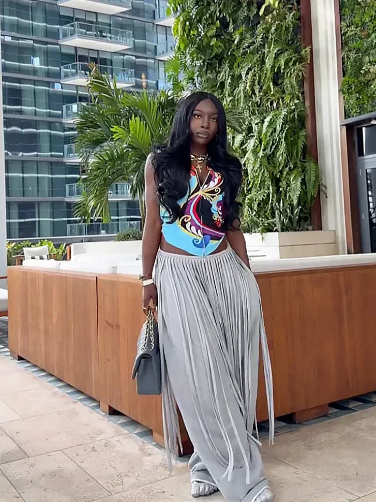 Grey Loose Fringe Pants