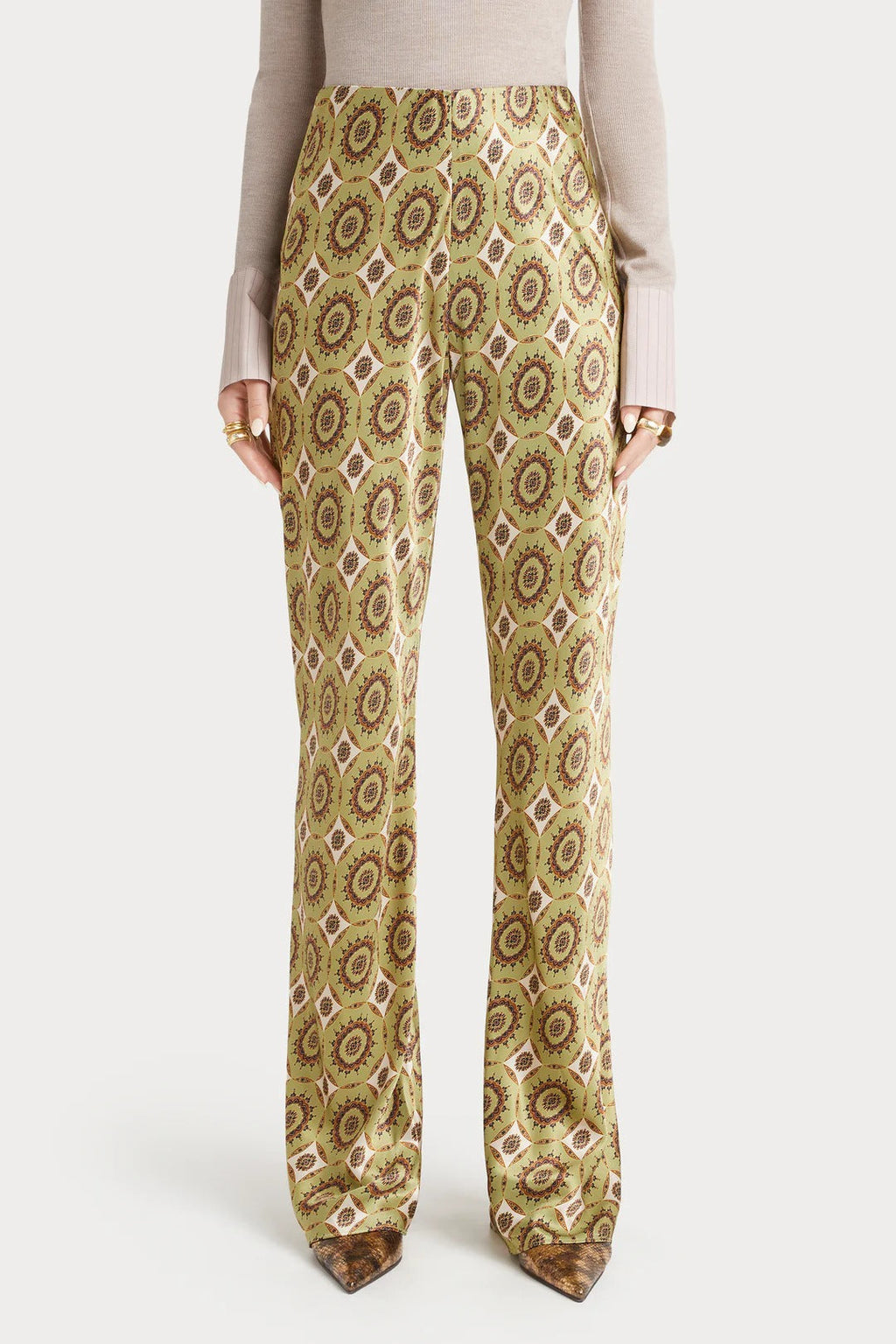 Printed Satin Bias-Cut Flare Pants